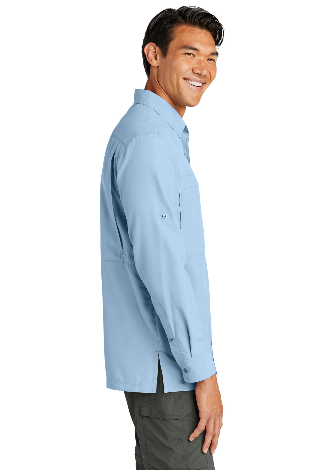 Port Authority W960 Mens Daybreak Moisture Wicking Long Sleeve Button Down Shirt w/ Double Pockets Light Blue Model Side