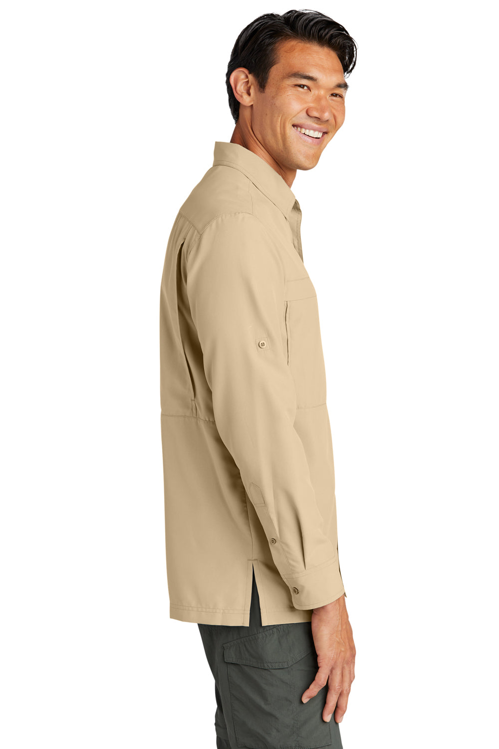 Port Authority W960 Mens Daybreak Moisture Wicking Long Sleeve Button Down Shirt w/ Double Pockets Oat Model Side