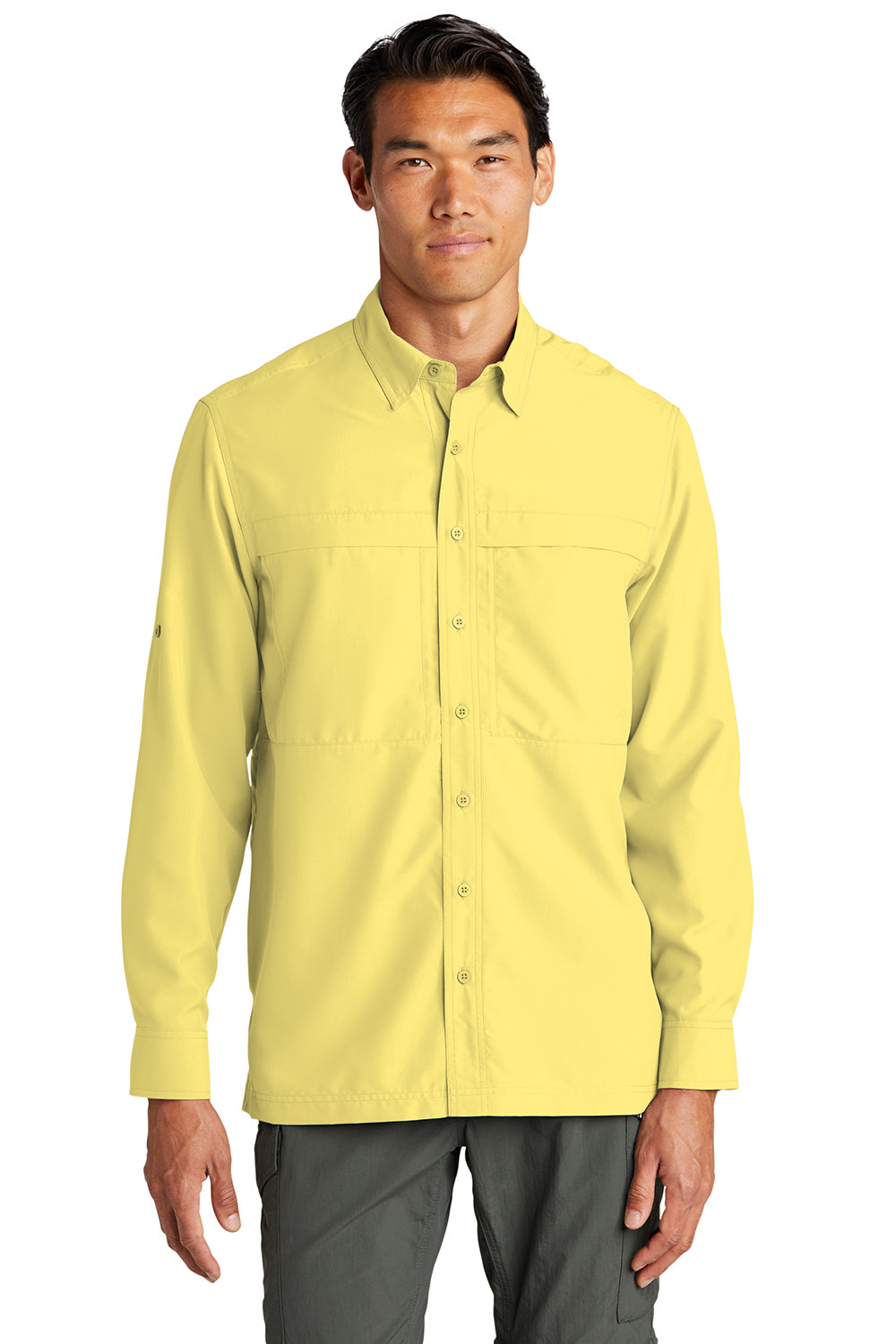 Port Authority W960 Mens Daybreak Moisture Wicking Long Sleeve Button Down Shirt w/ Double Pockets Yellow Model Front