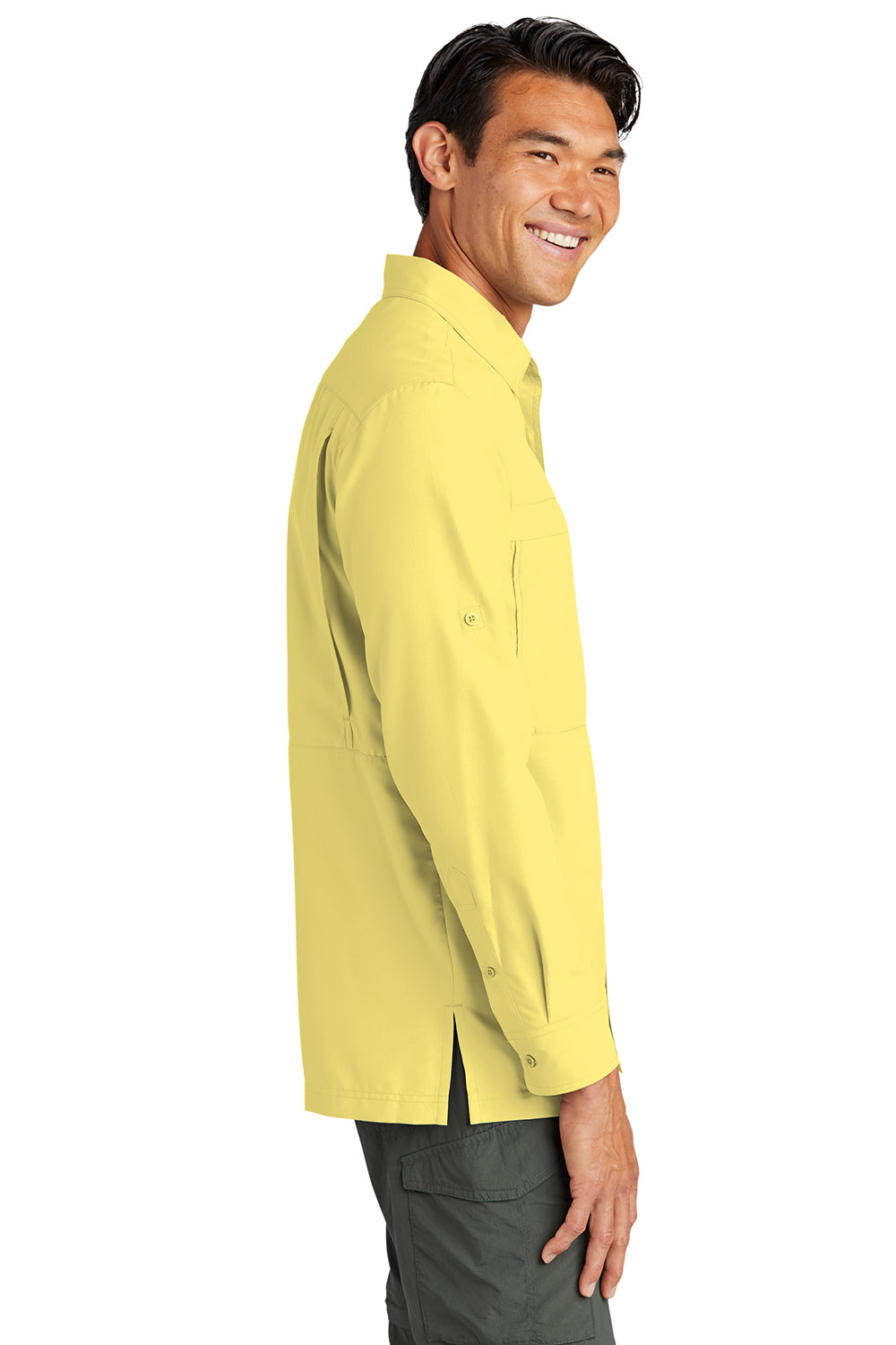 Port Authority W960 Mens Daybreak Moisture Wicking Long Sleeve Button Down Shirt w/ Double Pockets Yellow Model Side