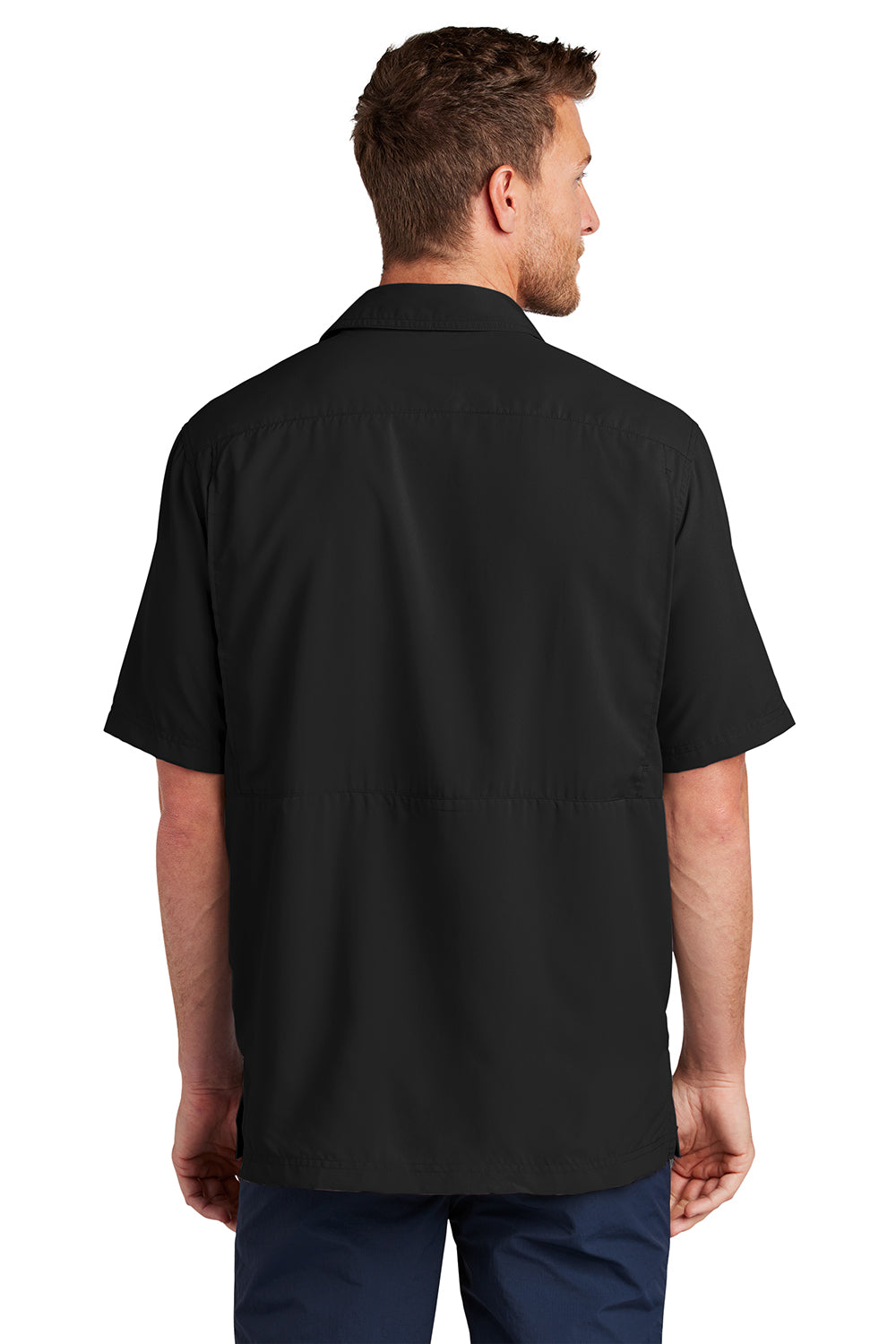 Port Authority W961 Mens Daybreak Moisture Wicking Short Sleeve Button Down Shirt w/ Double Pockets Deep Black Model Back