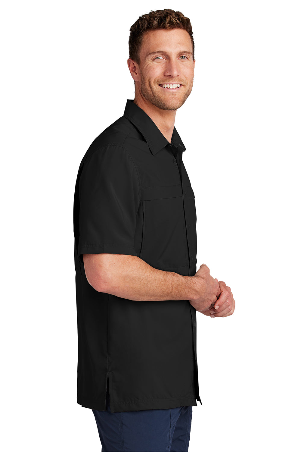 Port Authority W961 Mens Daybreak Moisture Wicking Short Sleeve Button Down Shirt w/ Double Pockets Deep Black Model Side