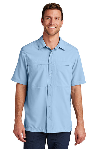 Port Authority W961 Mens Daybreak Moisture Wicking Short Sleeve Button Down Shirt w/ Double Pockets Light Blue Model Front