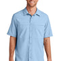 Port Authority Mens Daybreak Moisture Wicking Short Sleeve Button Down Shirt w/ Double Pockets - Light Blue