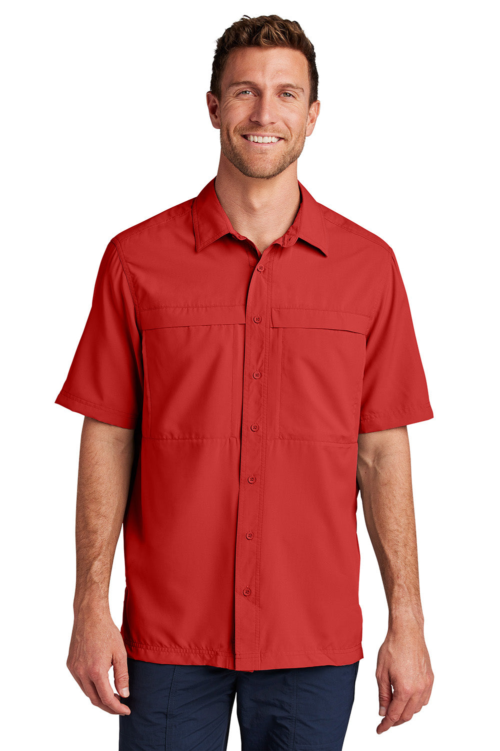 Port Authority W961 Mens Daybreak Moisture Wicking Short Sleeve Button Down Shirt w/ Double Pockets Rich Red Model Front