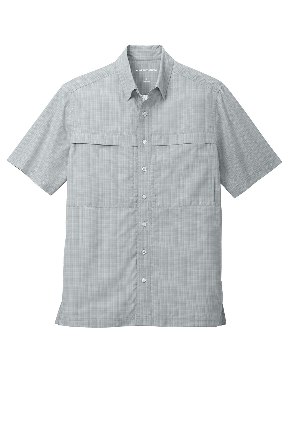 Port Authority W961 Mens Daybreak Moisture Wicking Short Sleeve Button Down Shirt w/ Double Pockets Silver Grey/Gusty Grey Crosshatch Plaid Flat Front