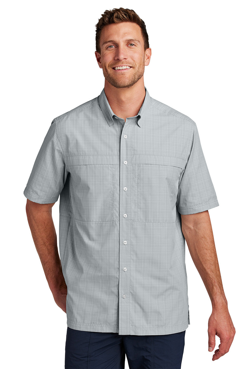 Port Authority W961 Mens Daybreak Moisture Wicking Short Sleeve Button Down Shirt w/ Double Pockets Silver Grey/Gusty Grey Crosshatch Plaid Model Front