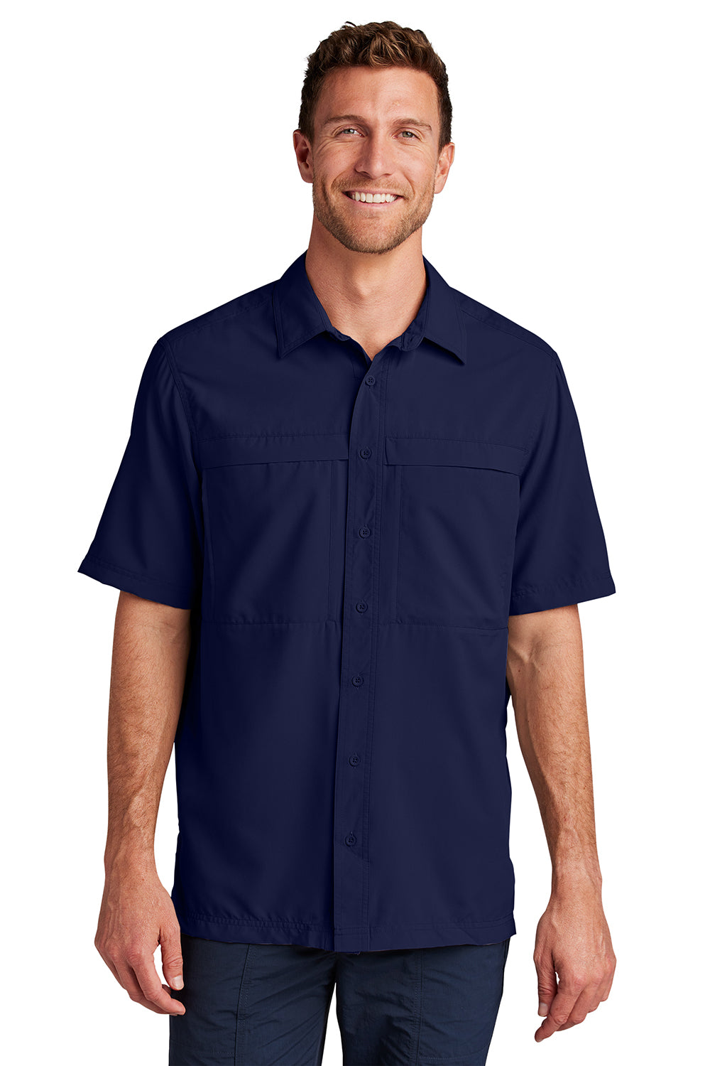 Port Authority W961 Mens Daybreak Moisture Wicking Short Sleeve Button Down Shirt w/ Double Pockets True Navy Blue Model Front