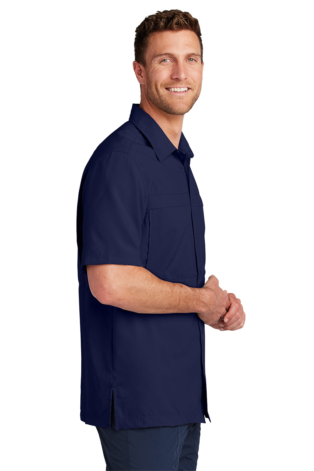 Port Authority W961 Mens Daybreak Moisture Wicking Short Sleeve Button Down Shirt w/ Double Pockets True Navy Blue Model Side