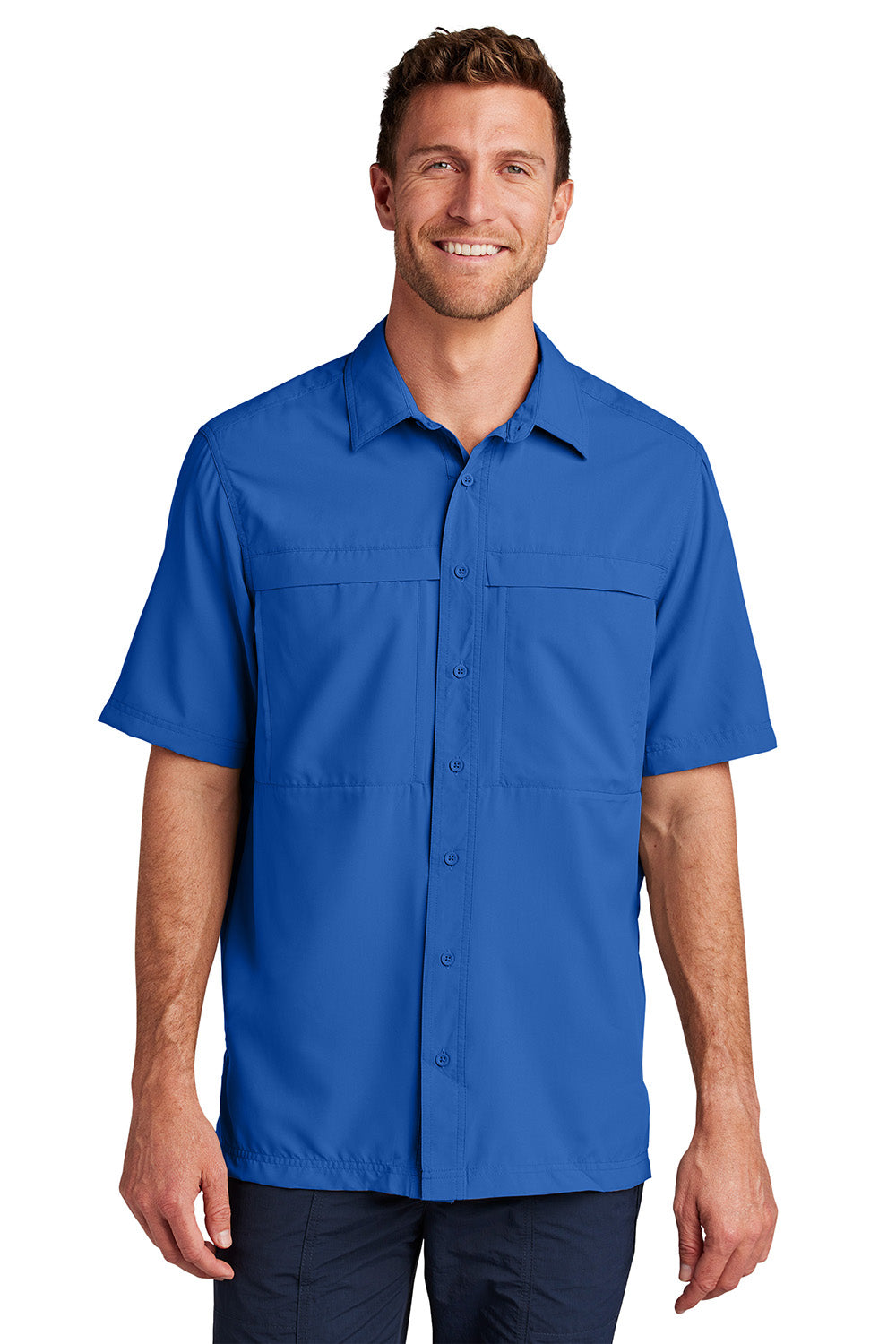 Port Authority W961 Mens Daybreak Moisture Wicking Short Sleeve Button Down Shirt w/ Double Pockets True Royal Blue Model Front