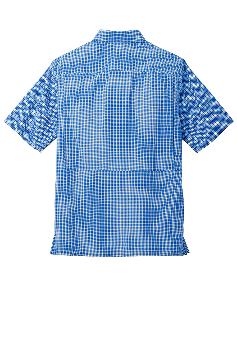 Port Authority W961 Mens Daybreak Moisture Wicking Short Sleeve Button Down Shirt w/ Double Pockets True Royal Blue/White Mini Plaid Flat Back