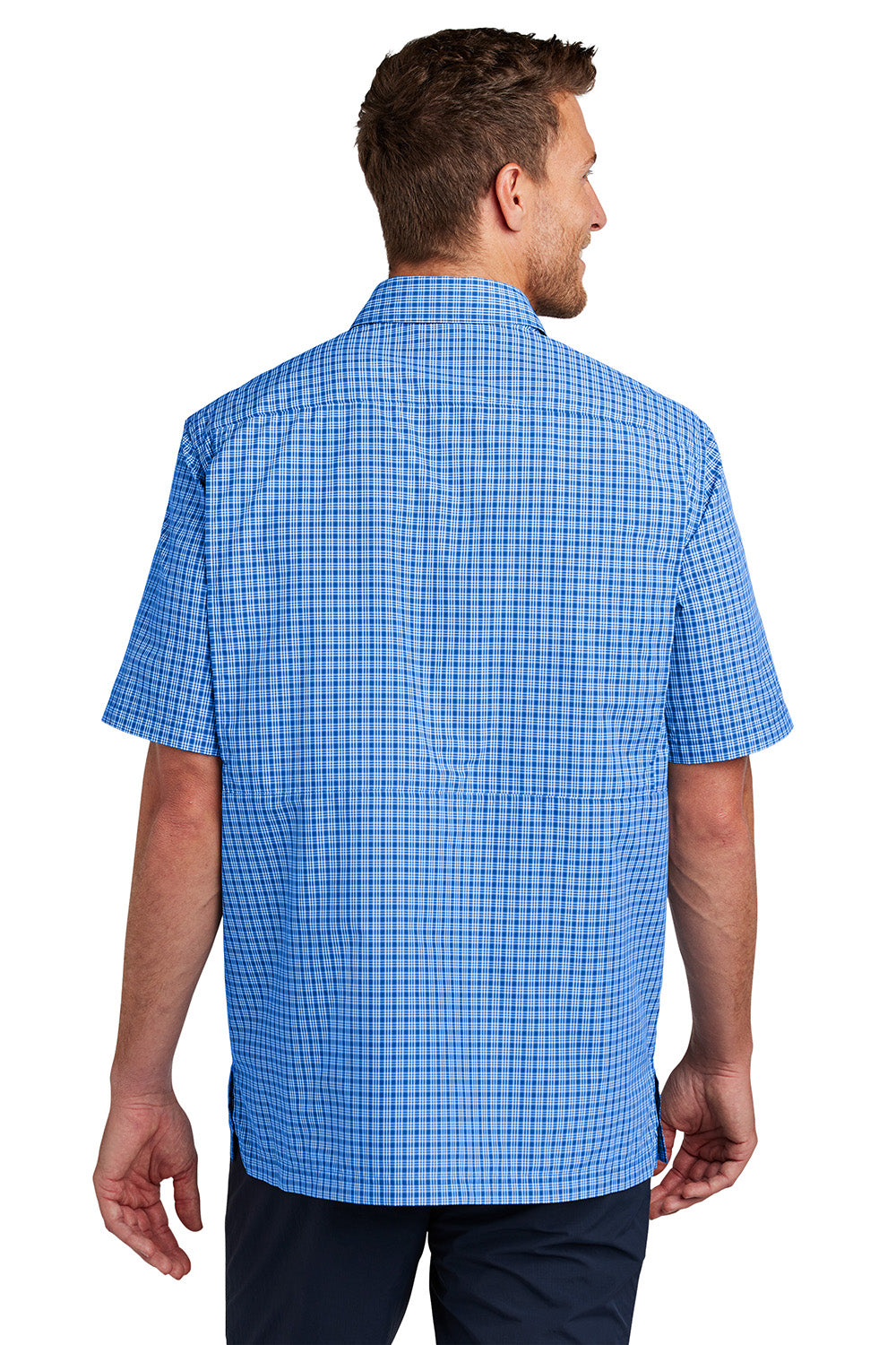 Port Authority W961 Mens Daybreak Moisture Wicking Short Sleeve Button Down Shirt w/ Double Pockets True Royal Blue/White Mini Plaid Model Back