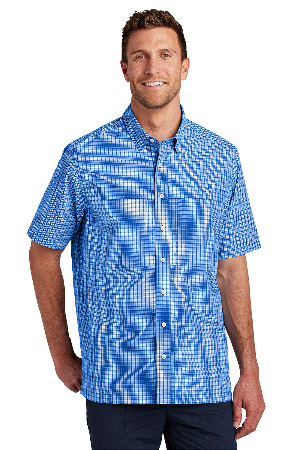 Port Authority W961 Mens Daybreak Moisture Wicking Short Sleeve Button Down Shirt w/ Double Pockets True Royal Blue/White Mini Plaid Model Front