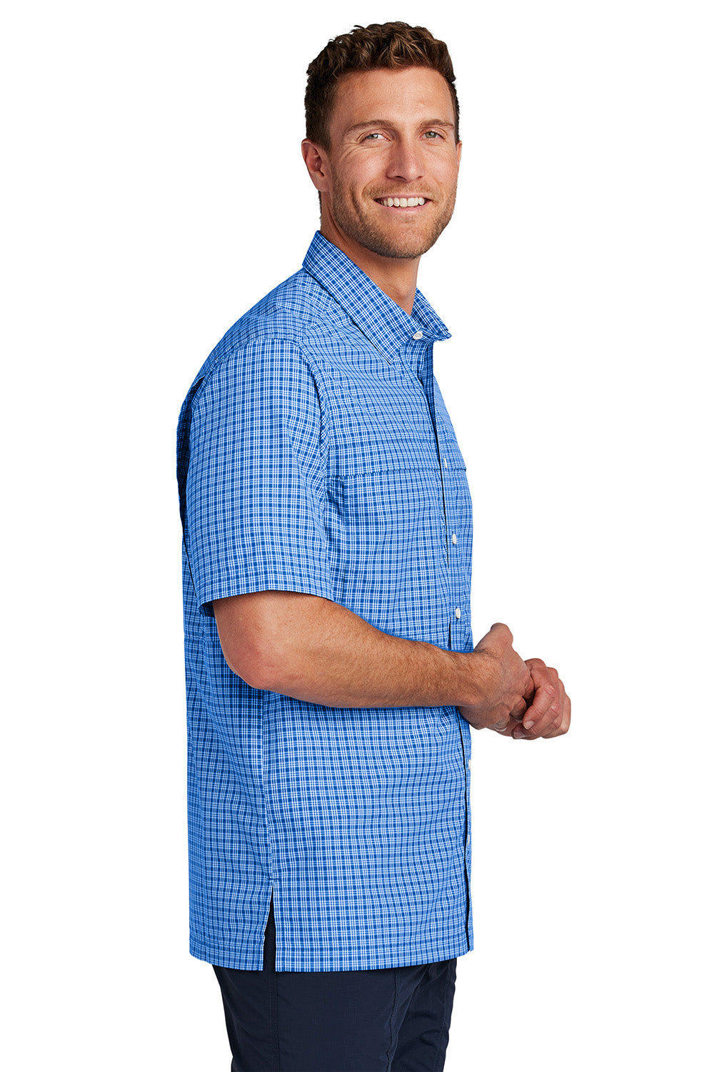 Port Authority W961 Mens Daybreak Moisture Wicking Short Sleeve Button Down Shirt w/ Double Pockets True Royal Blue/White Mini Plaid Model Side