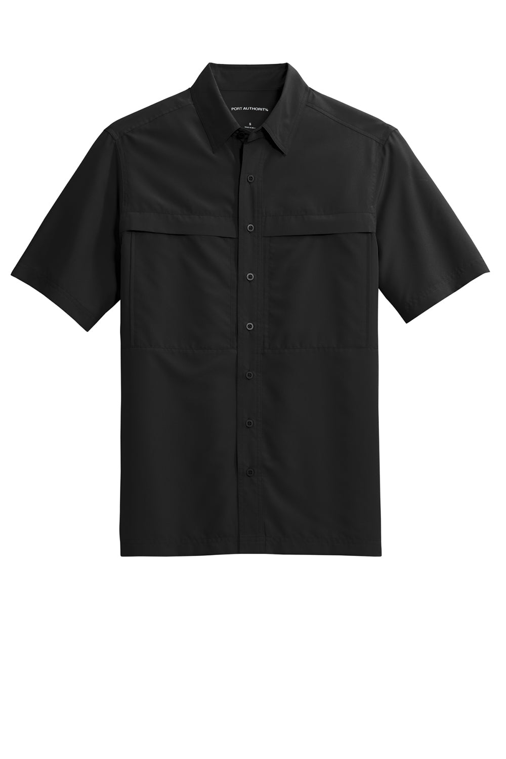 Port Authority W961 Mens Daybreak Moisture Wicking Short Sleeve Button Down Shirt w/ Double Pockets Deep Black Flat Front