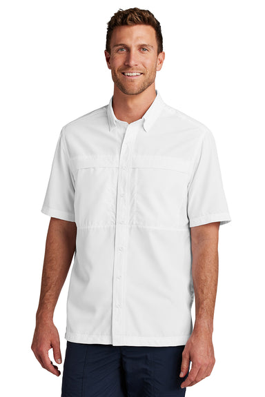 Port Authority W961 Mens Daybreak Moisture Wicking Short Sleeve Button Down Shirt w/ Double Pockets White Model Front