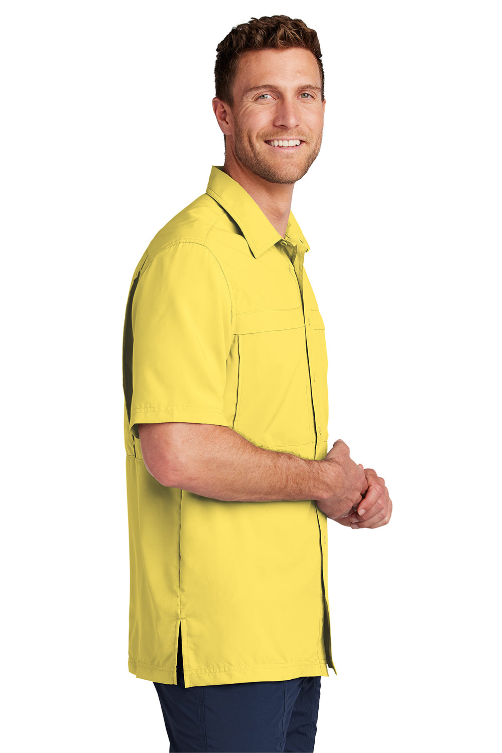 Port Authority W961 Mens Daybreak Moisture Wicking Short Sleeve Button Down Shirt w/ Double Pockets Yellow Model Side