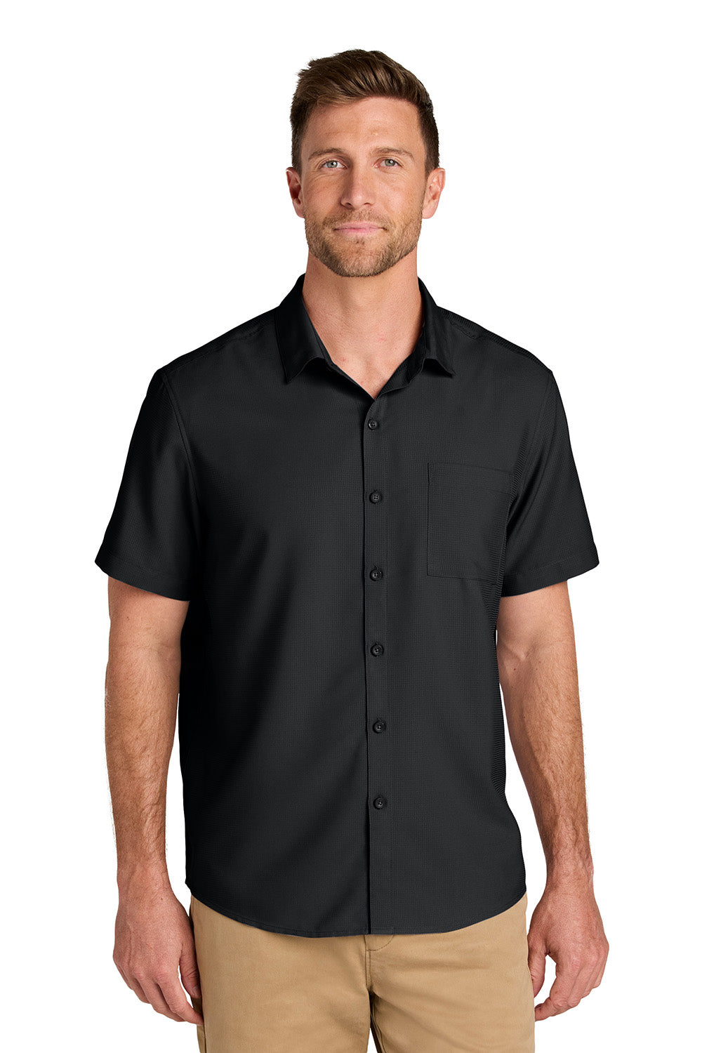 Port Authority W963 Mens UV Dockside Short Sleeve Button Down Shirt w/ Pocket Deep Black Model Front
