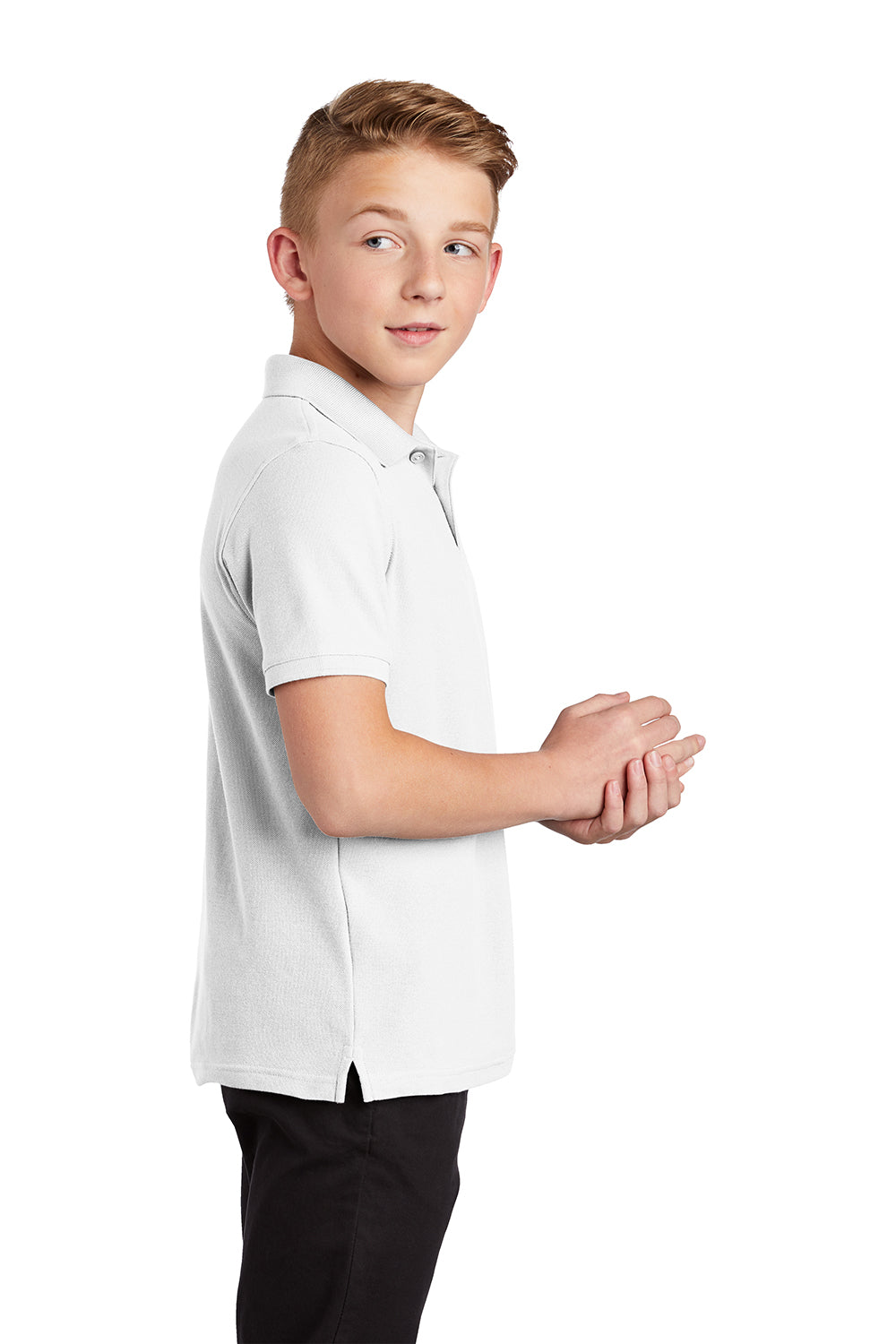 Port Authority Y100 Youth Core Classic Short Sleeve Polo Shirt White Model Side