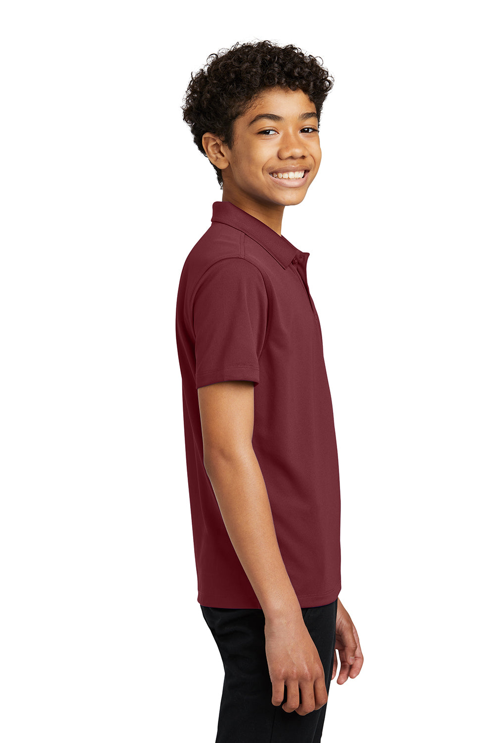 Port Authority Y110 Youth Dry Zone Moisture Wicking Short Sleeve Polo Shirt Burgundy Model Side