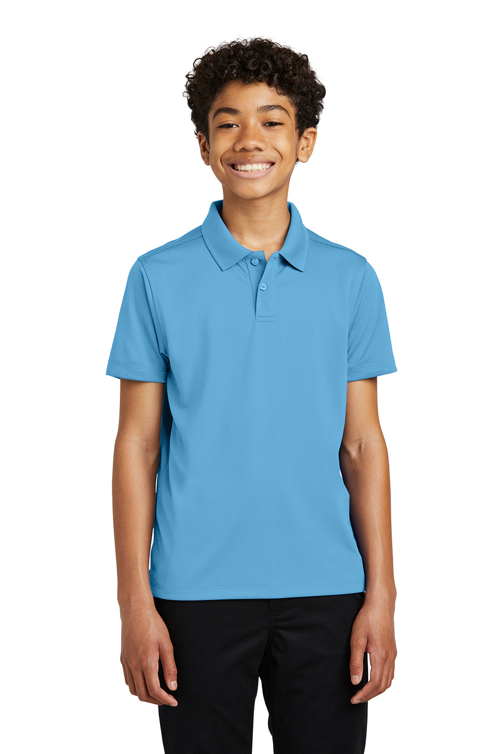 Port Authority Y110 Youth Dry Zone Moisture Wicking Short Sleeve Polo Shirt Carolina Blue Model Front