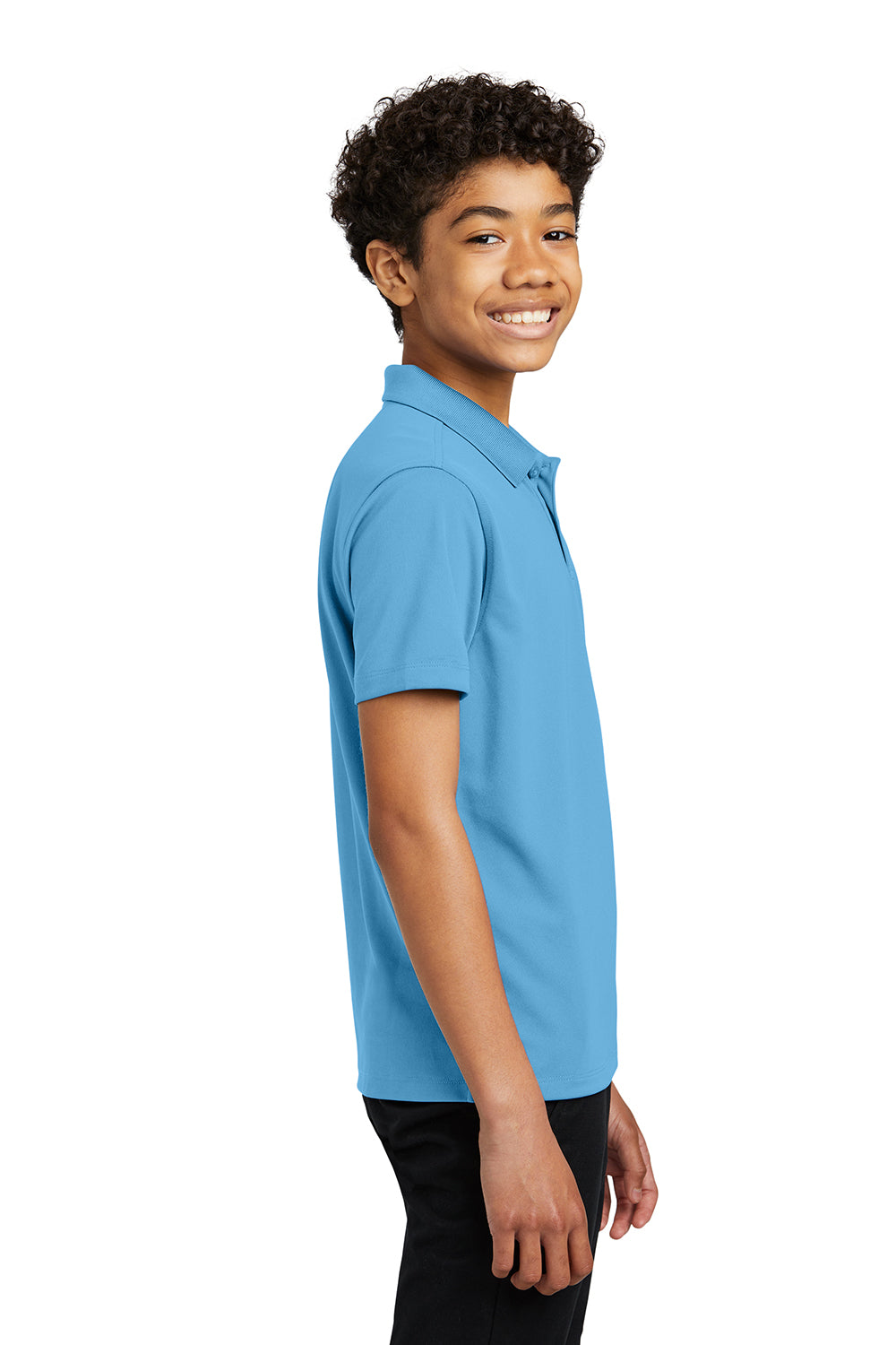 Port Authority Y110 Youth Dry Zone Moisture Wicking Short Sleeve Polo Shirt Carolina Blue Model Side