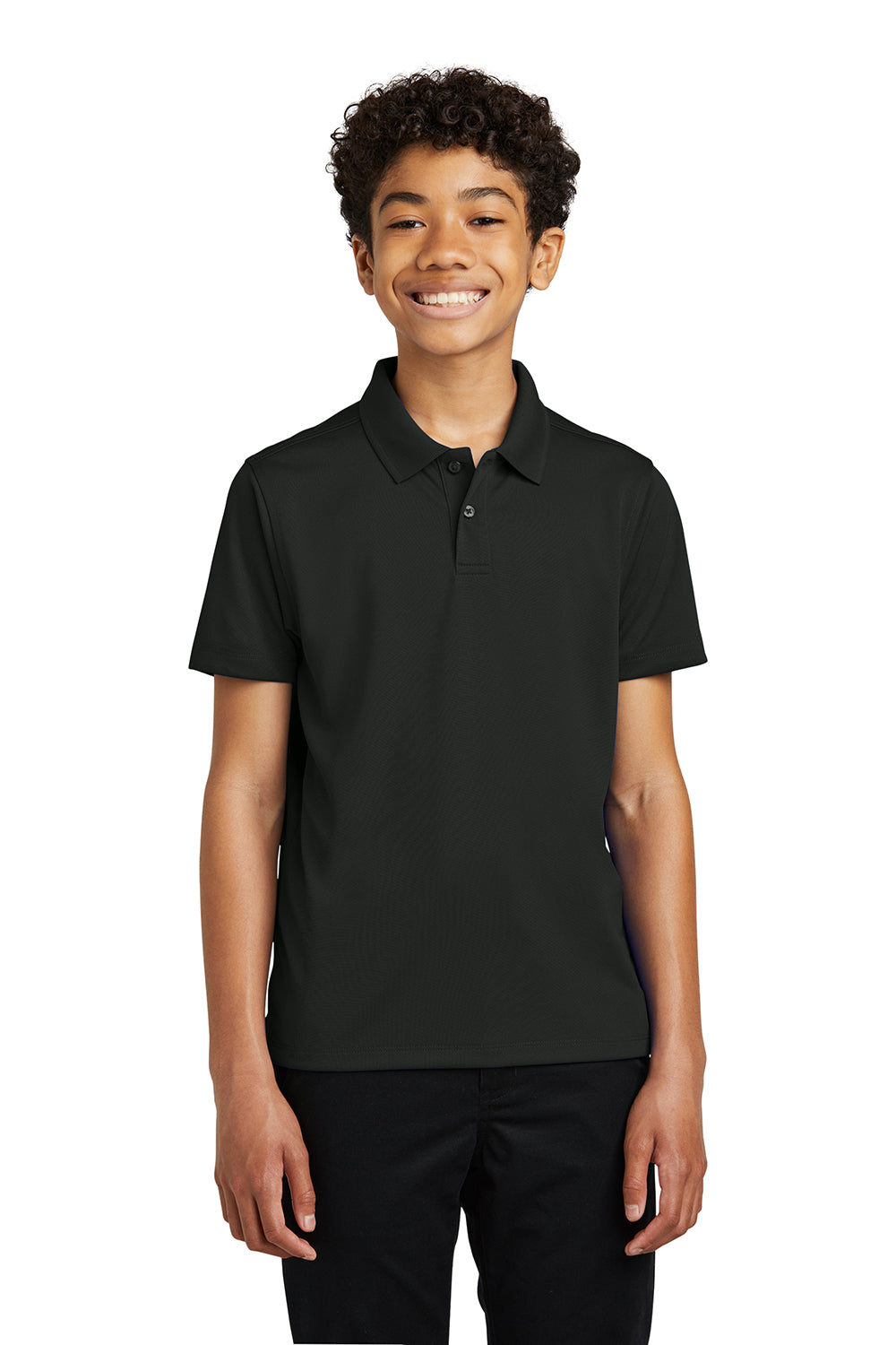 Port Authority Y110 Youth Dry Zone Moisture Wicking Short Sleeve Polo Shirt Deep Black Model Front