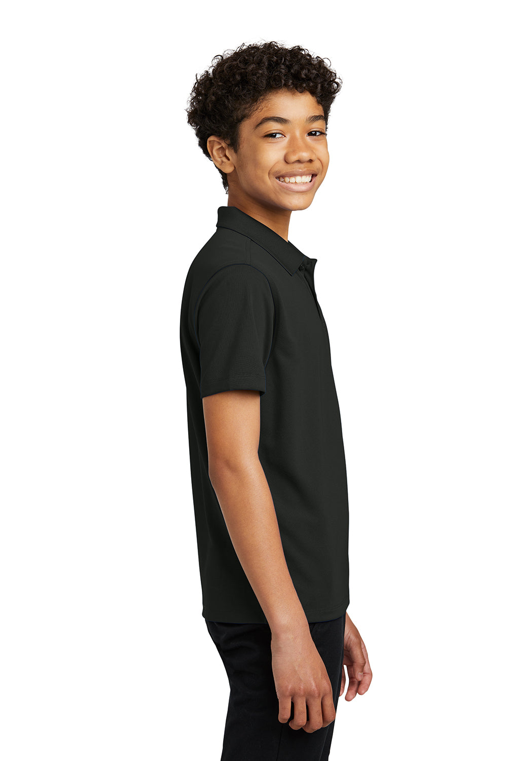 Port Authority Y110 Youth Dry Zone Moisture Wicking Short Sleeve Polo Shirt Deep Black Model Side