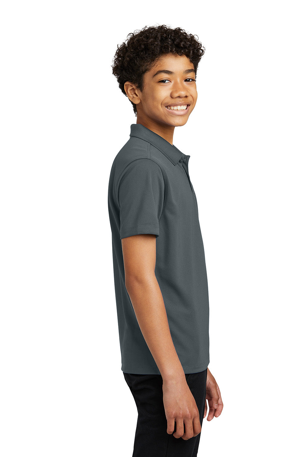 Port Authority Y110 Youth Dry Zone Moisture Wicking Short Sleeve Polo Shirt Graphite Grey Model Side