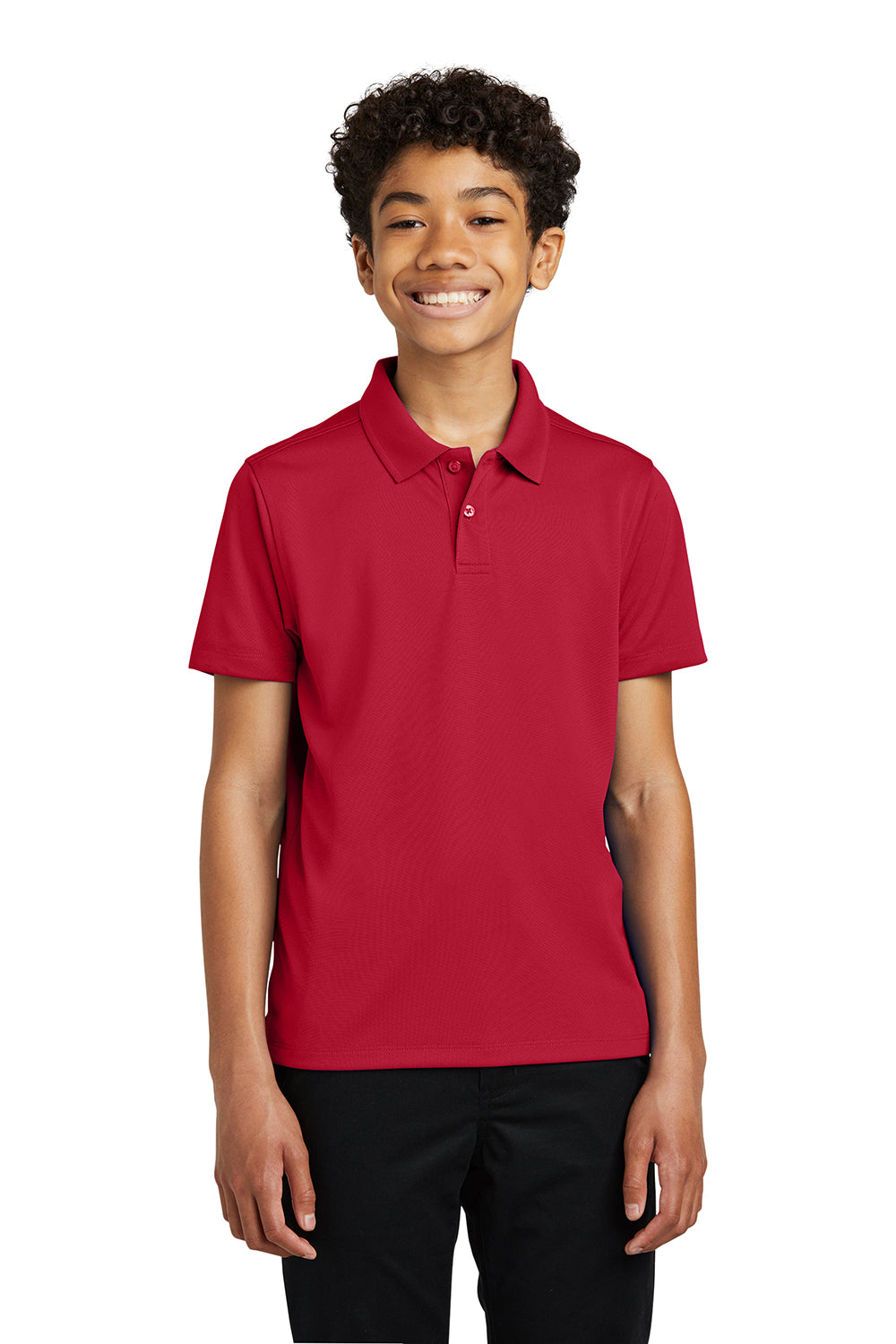 Port Authority Y110 Youth Dry Zone Moisture Wicking Short Sleeve Polo Shirt Rich Red Model Front