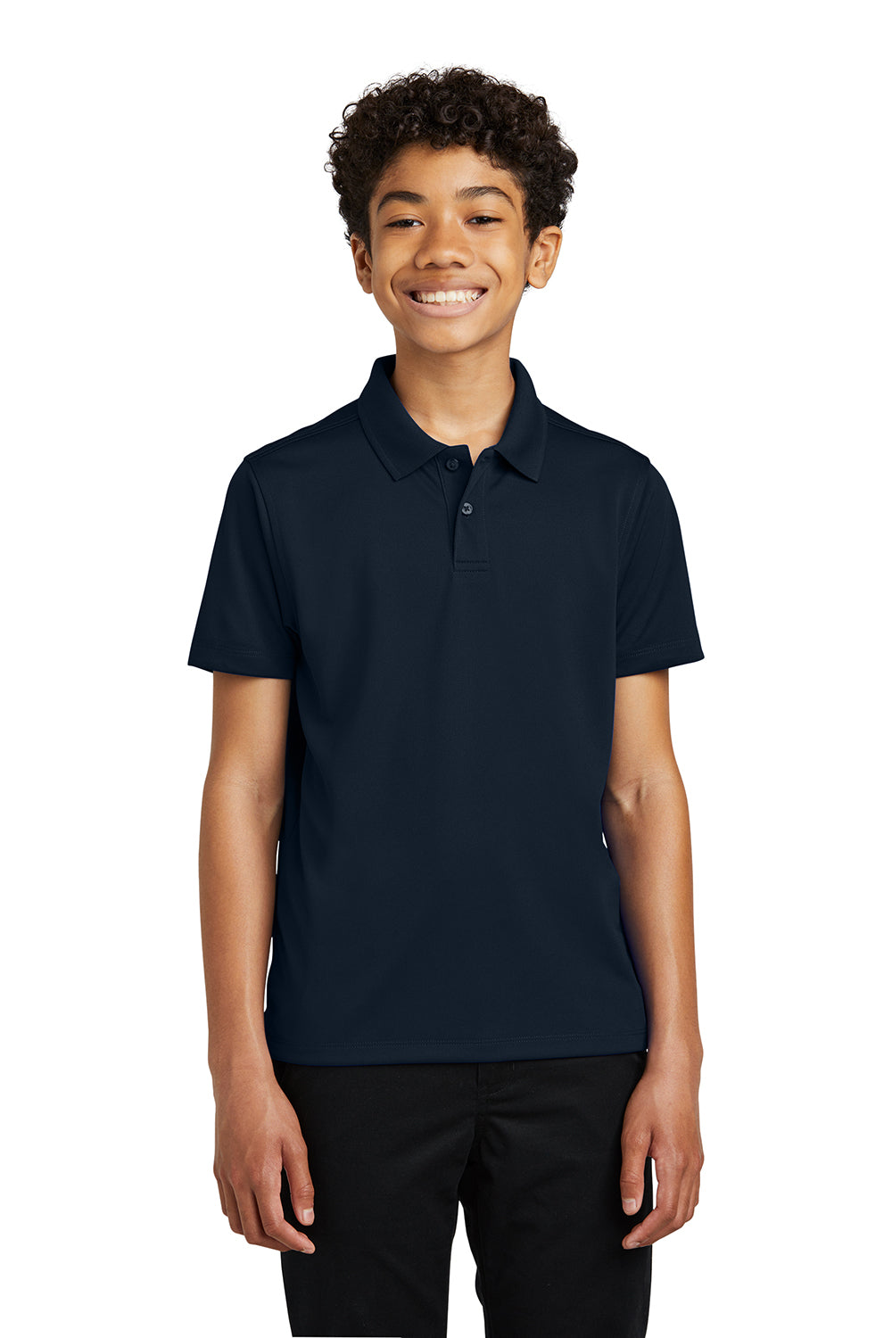 Port Authority Y110 Youth Dry Zone Moisture Wicking Short Sleeve Polo Shirt River Navy Blue Model Front