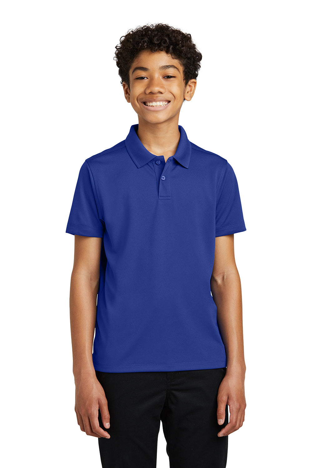 Port Authority Y110 Youth Dry Zone Moisture Wicking Short Sleeve Polo Shirt True Royal Blue Model Front