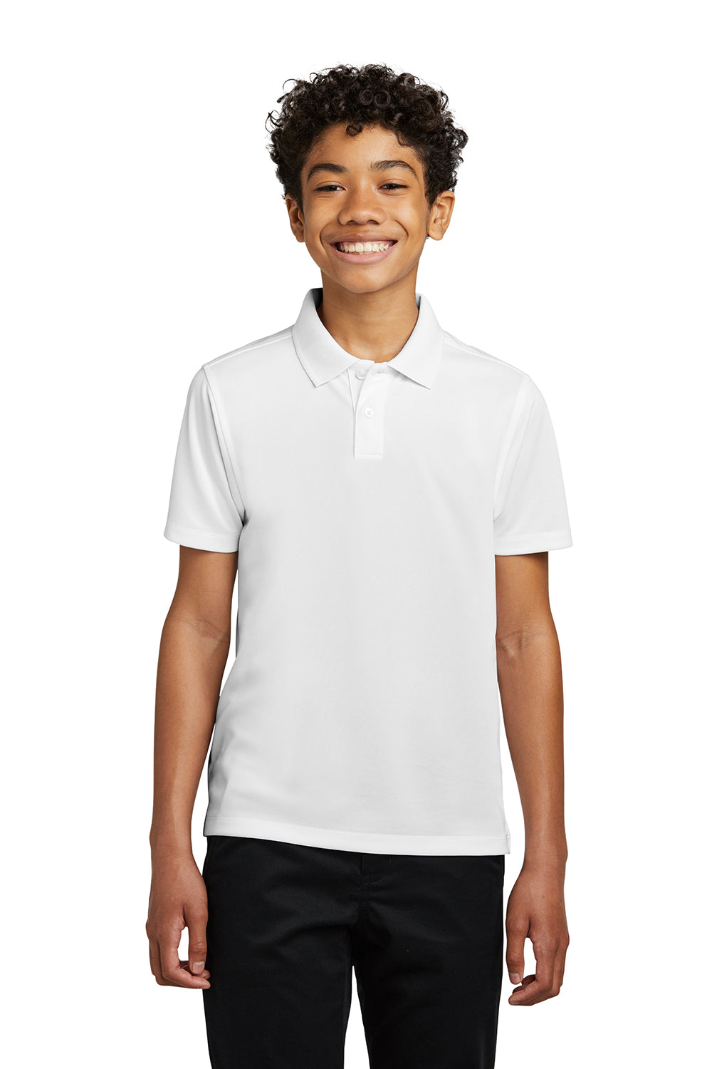 Port Authority Y110 Youth Dry Zone Moisture Wicking Short Sleeve Polo Shirt White Model Front