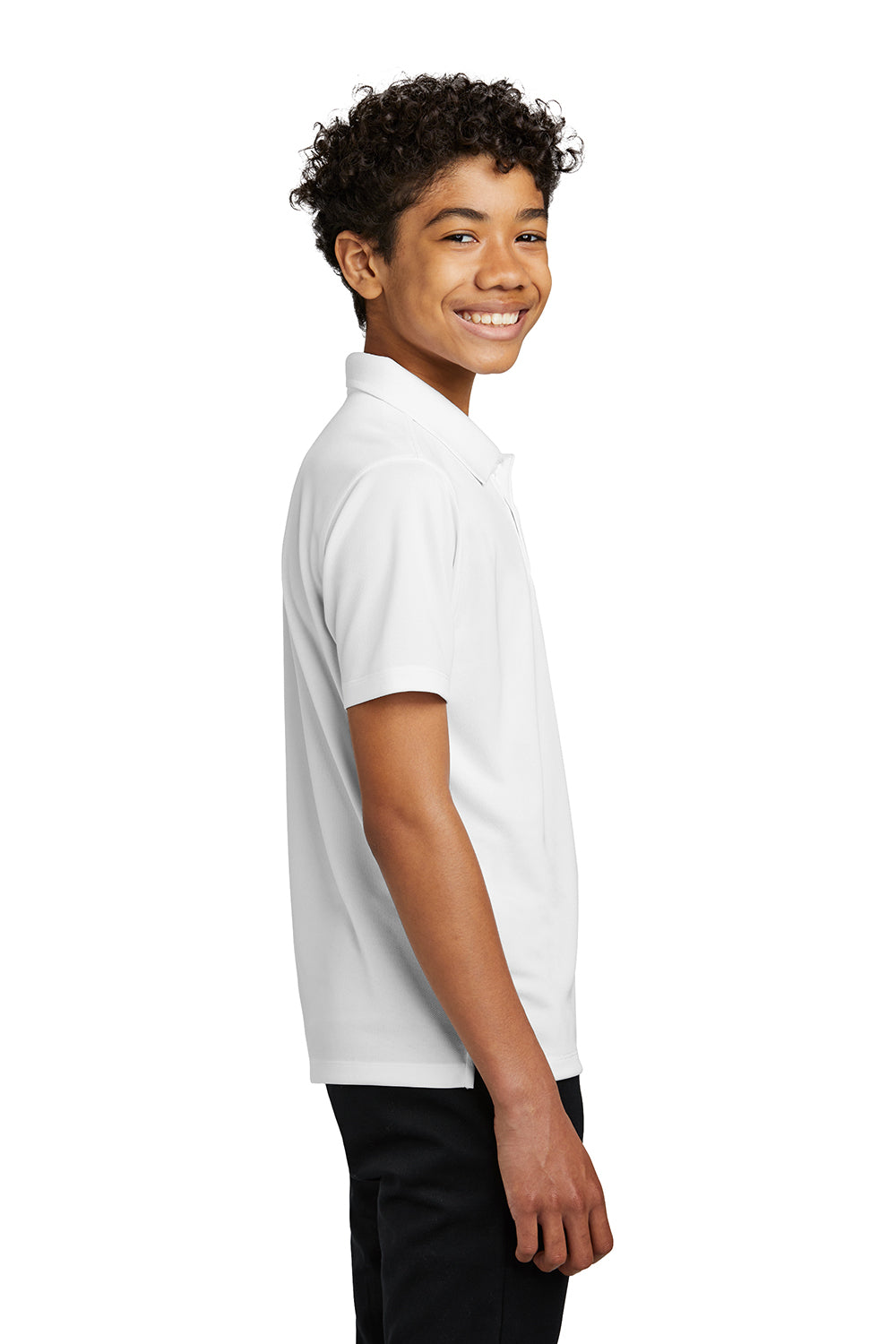 Port Authority Y110 Youth Dry Zone Moisture Wicking Short Sleeve Polo Shirt White Model Side