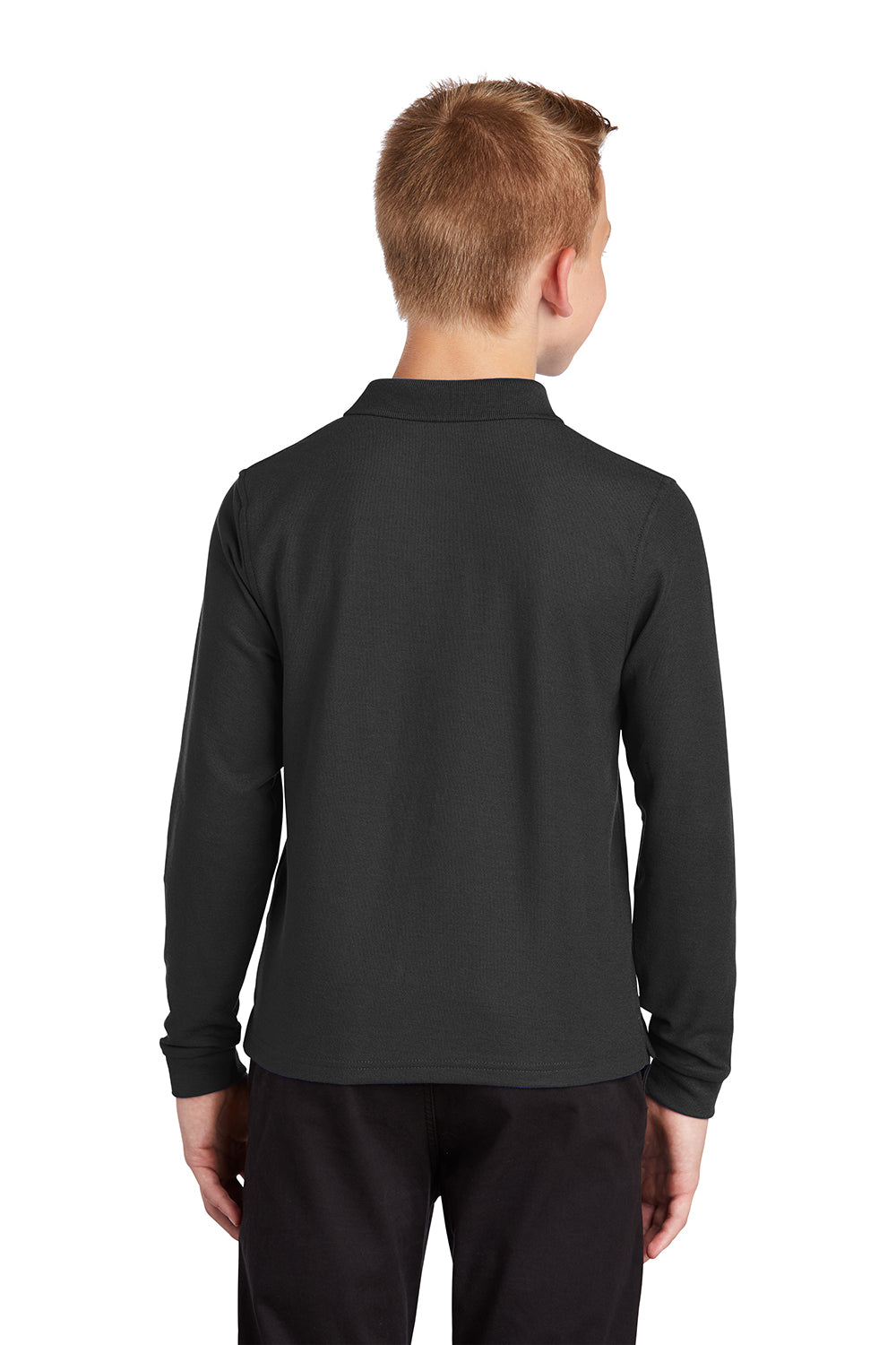 Port Authority Y500LS Youth Silk Touch Wrinkle Resistant Long Sleeve Polo Shirt Black Model Back