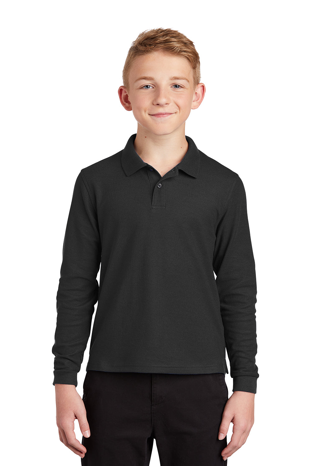 Port Authority Y500LS Youth Silk Touch Wrinkle Resistant Long Sleeve Polo Shirt Black Model Front