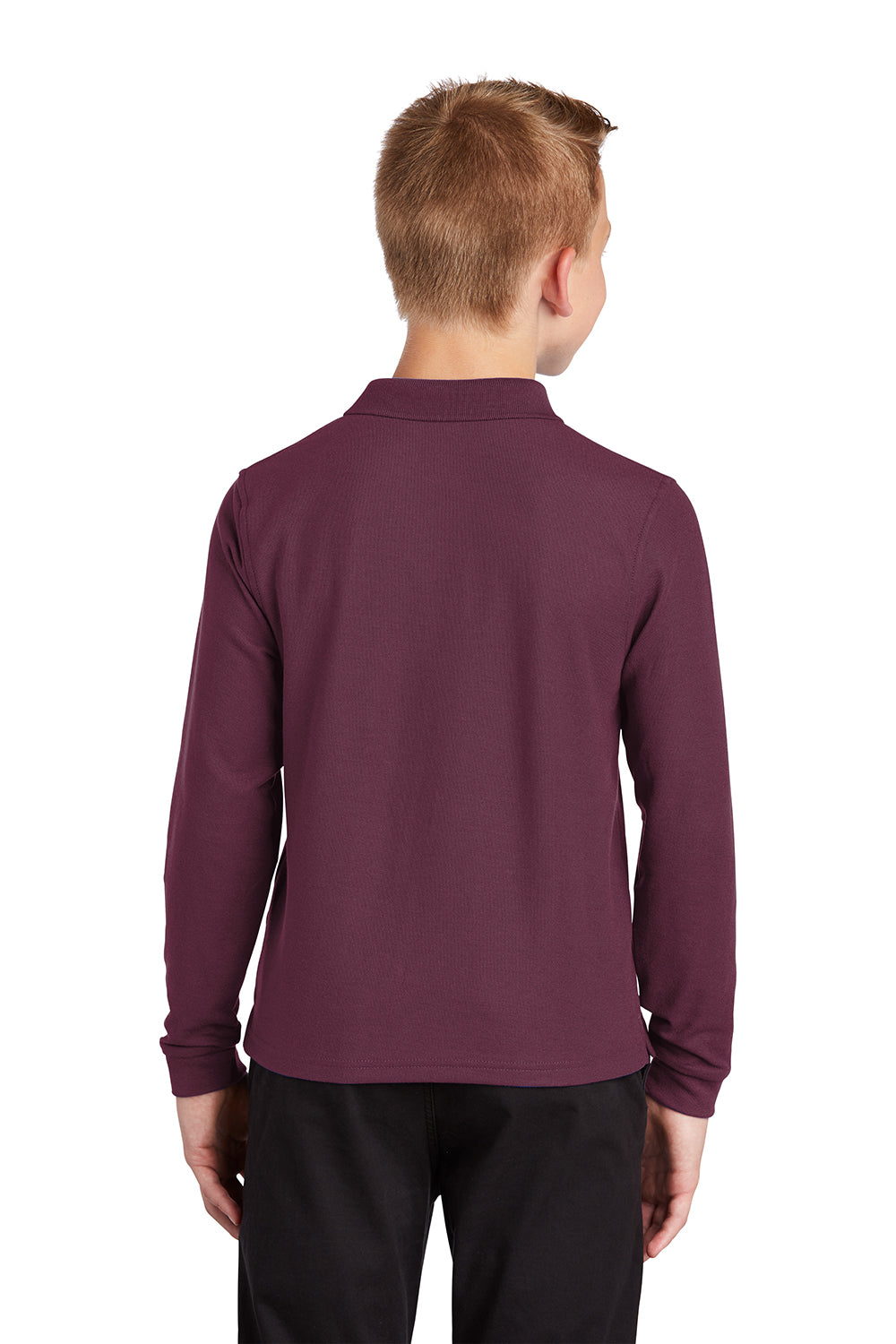 Port Authority Y500LS Youth Silk Touch Wrinkle Resistant Long Sleeve Polo Shirt Burgundy Model Back