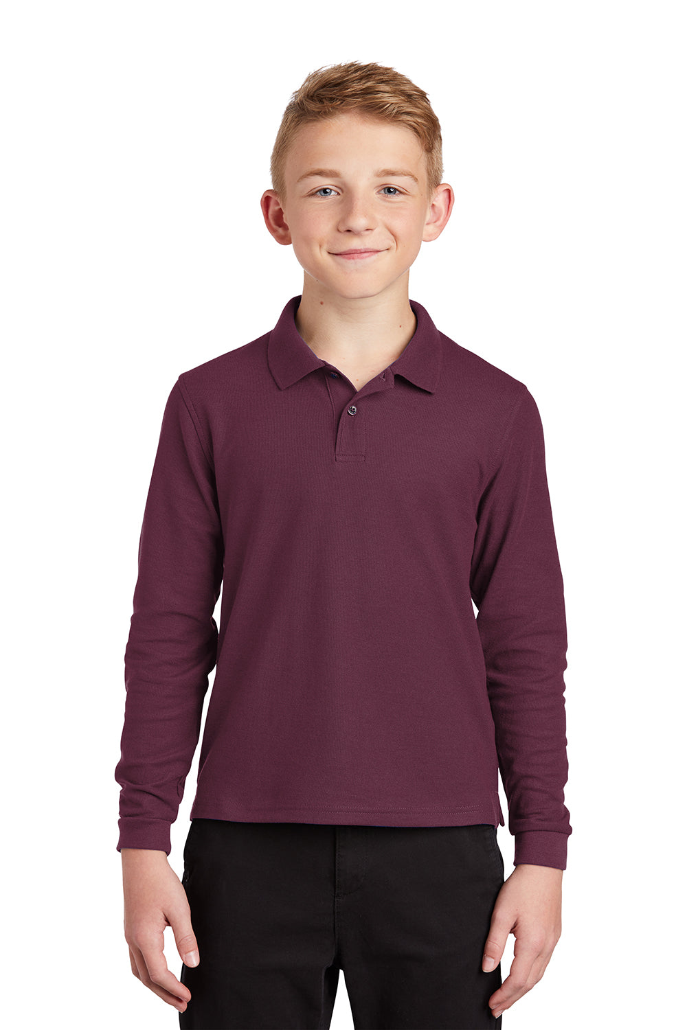 Port Authority Y500LS Youth Silk Touch Wrinkle Resistant Long Sleeve Polo Shirt Burgundy Model Front