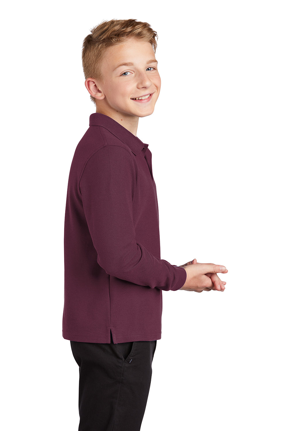 Port Authority Y500LS Youth Silk Touch Wrinkle Resistant Long Sleeve Polo Shirt Burgundy Model Side