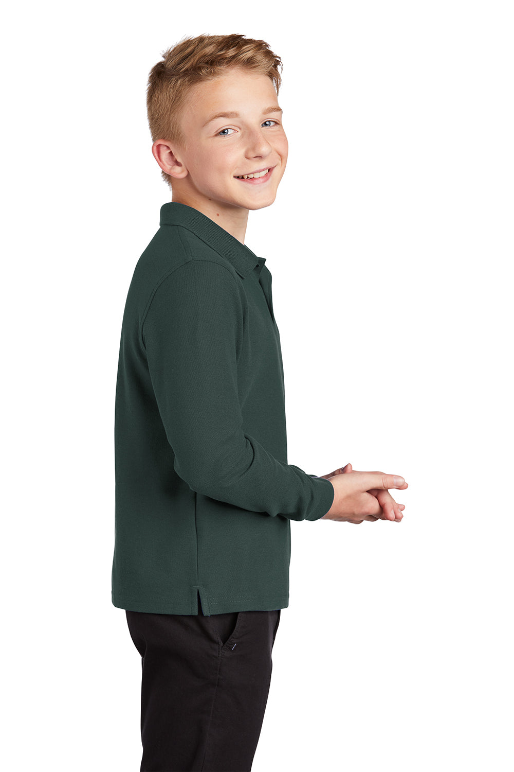 Port Authority Y500LS Youth Silk Touch Wrinkle Resistant Long Sleeve Polo Shirt Dark Green Model Side