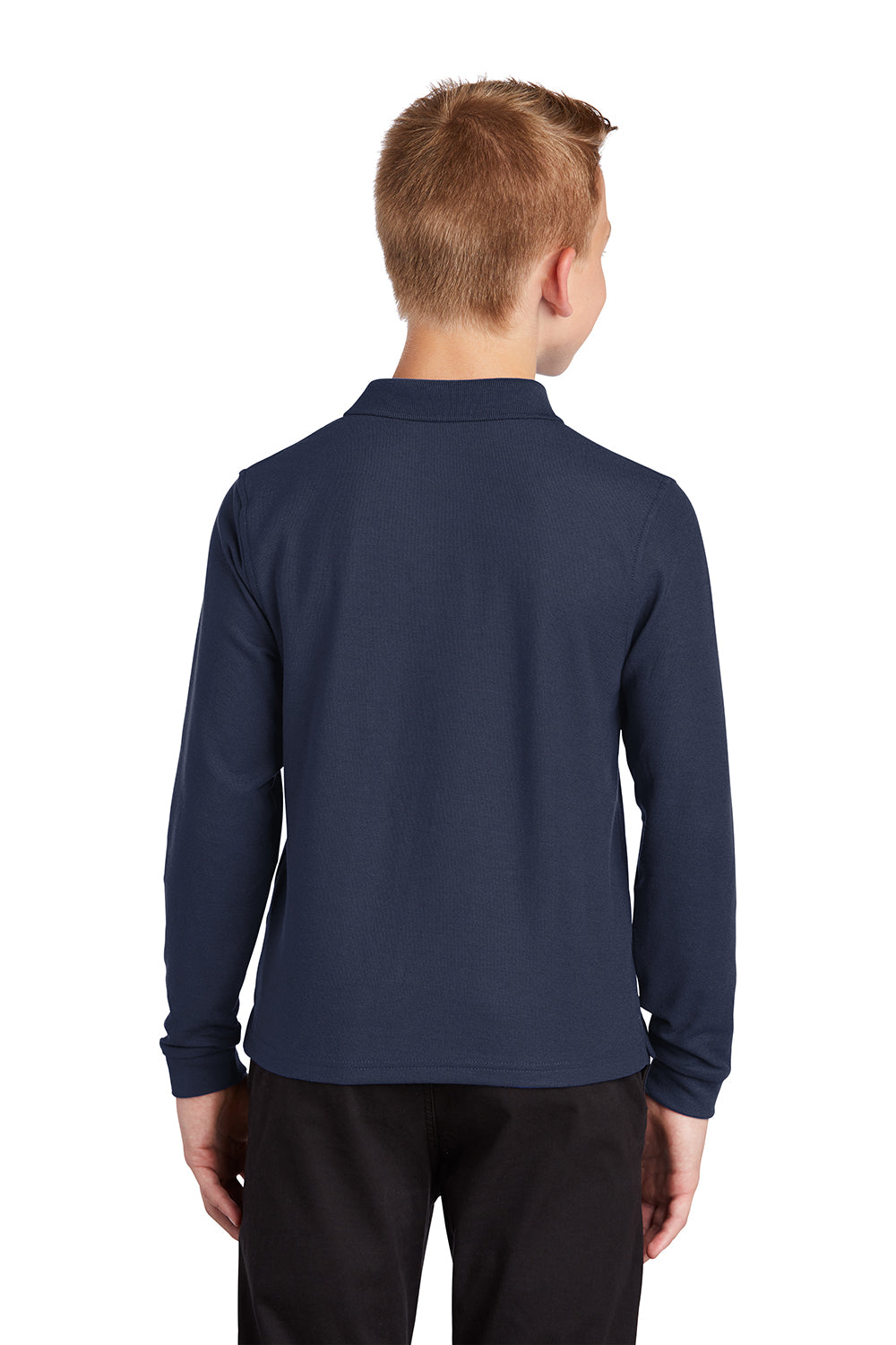 Port Authority Y500LS Youth Silk Touch Wrinkle Resistant Long Sleeve Polo Shirt Navy Blue Model Back