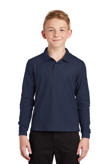 Port Authority Y500LS Youth Silk Touch Wrinkle Resistant Long Sleeve Polo Shirt Navy Blue Model Front