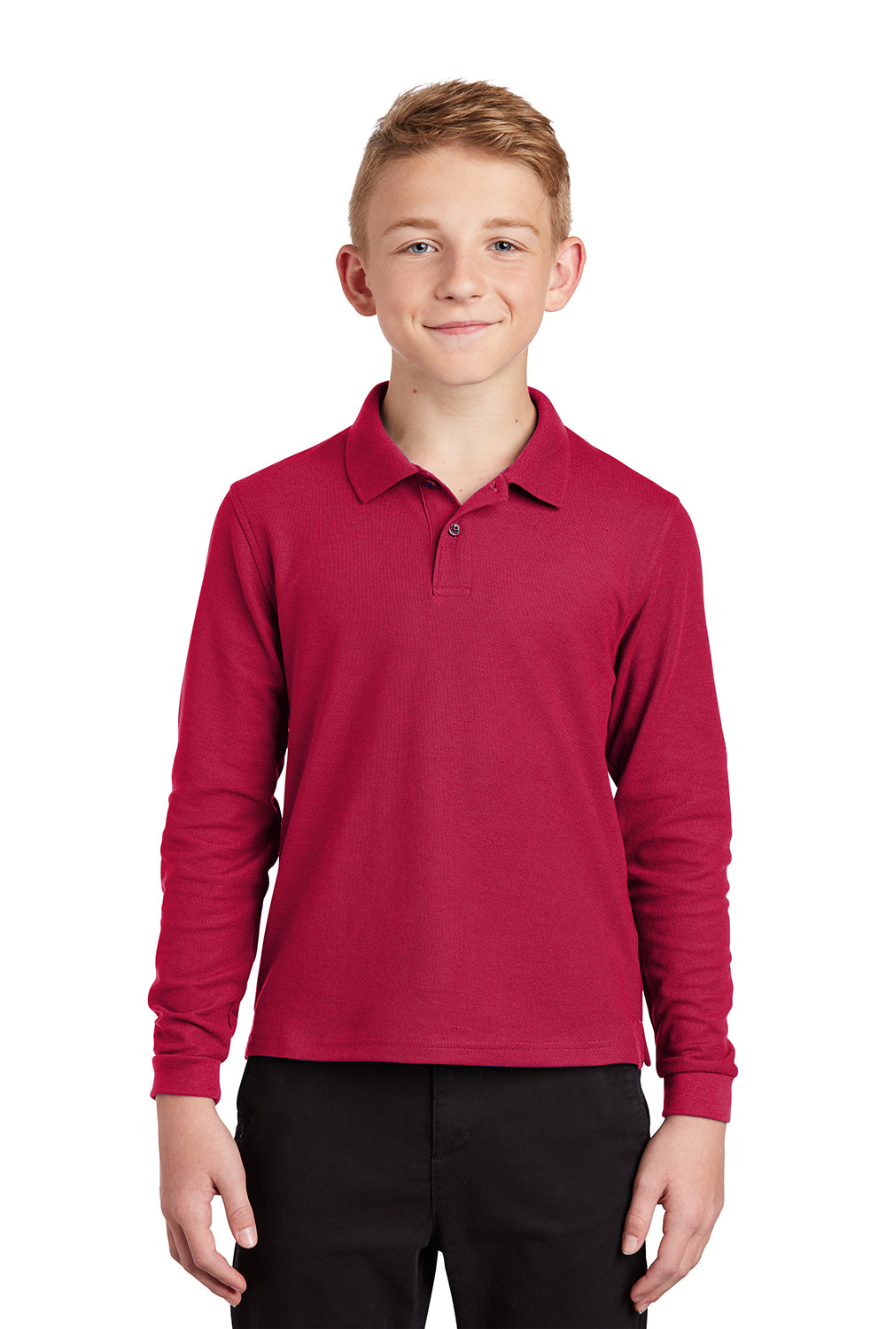 Port Authority Y500LS Youth Silk Touch Wrinkle Resistant Long Sleeve Polo Shirt Red Model Front