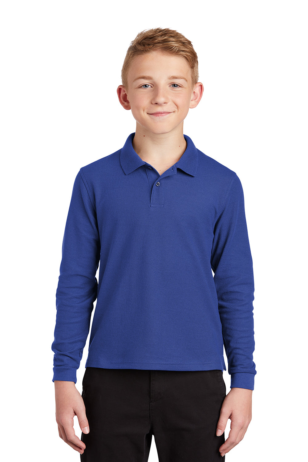 Port Authority Y500LS Youth Silk Touch Wrinkle Resistant Long Sleeve Polo Shirt Royal Blue Model Front