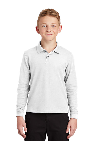 Port Authority Y500LS Youth Silk Touch Wrinkle Resistant Long Sleeve Polo Shirt White Model Front