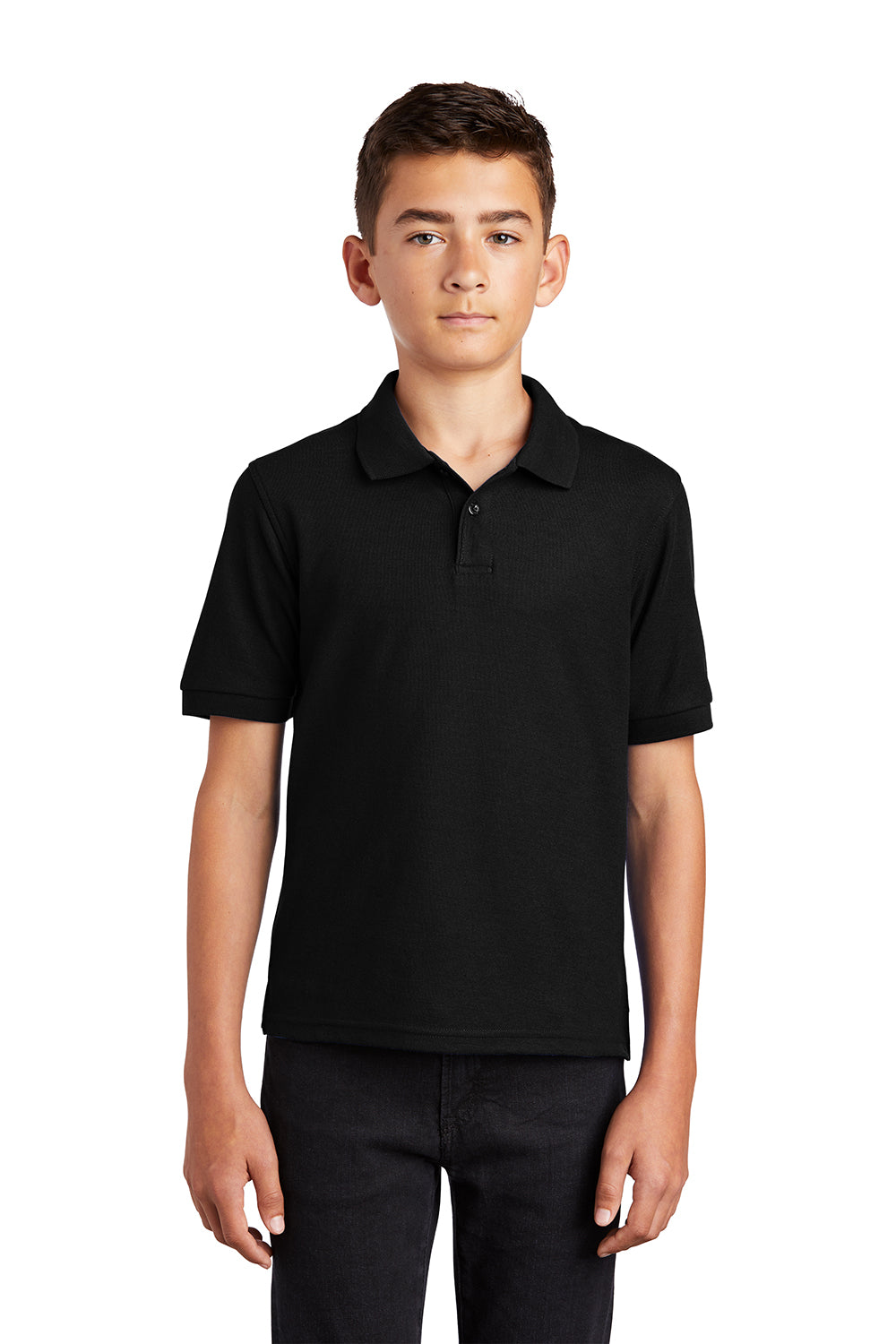 Port Authority Y500 Youth Silk Touch Wrinkle Resistant Short Sleeve Polo Shirt Black Model Front