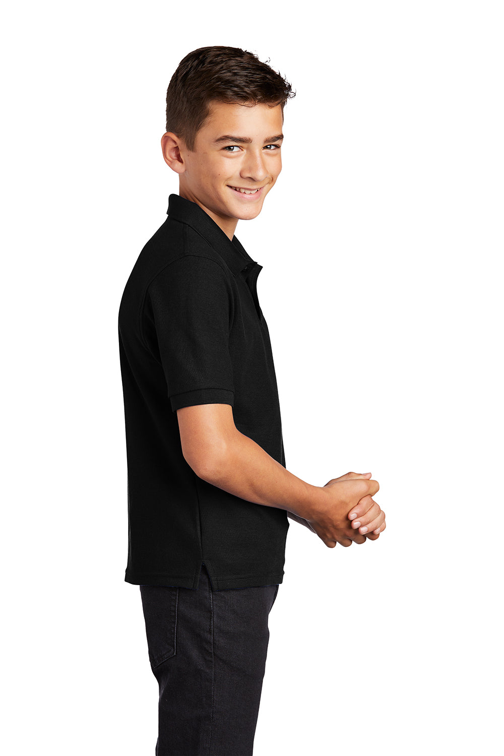 Port Authority Y500 Youth Silk Touch Wrinkle Resistant Short Sleeve Polo Shirt Black Model Side