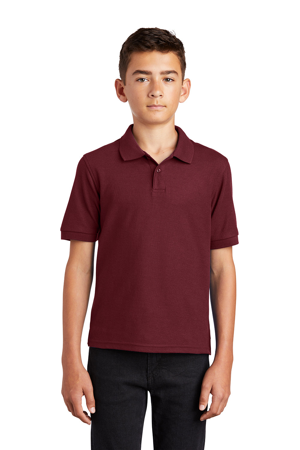 Port Authority Y500 Youth Silk Touch Wrinkle Resistant Short Sleeve Polo Shirt Burgundy Model Front