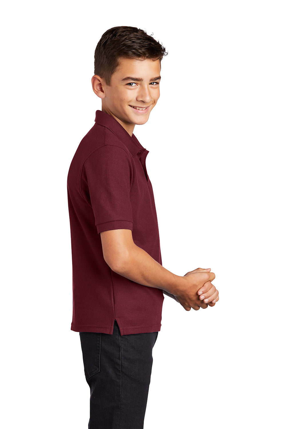 Port Authority Y500 Youth Silk Touch Wrinkle Resistant Short Sleeve Polo Shirt Burgundy Model Side