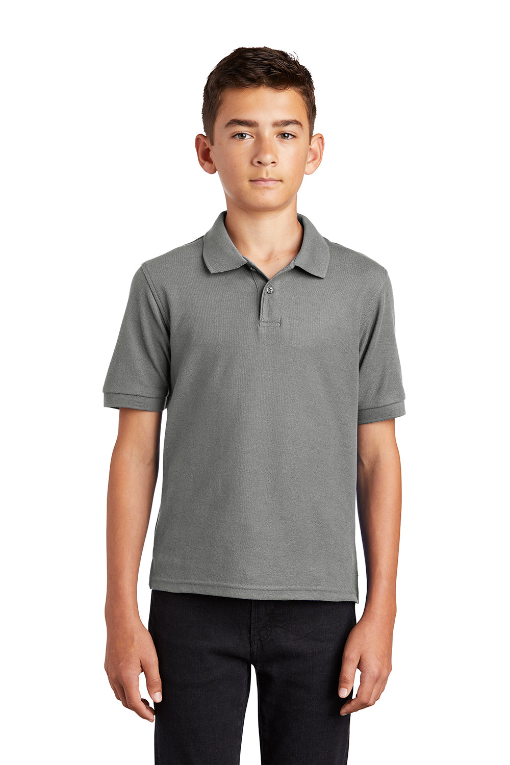 Port Authority Y500 Youth Silk Touch Wrinkle Resistant Short Sleeve Polo Shirt Cool Grey Model Front